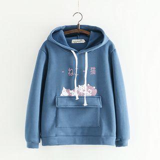 Pocketed Cat Print Hoodie