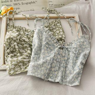 Ruffled Ribbon-accent Floral Crop Top