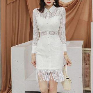 Long-sleeve Lace-overlay Fringed Sheath Dress