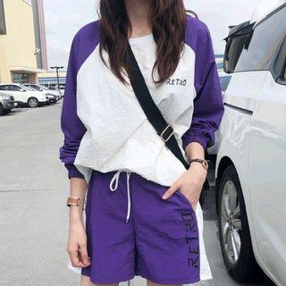 Set: Color-block Letter Print Top + Drawstring-waist Shorts