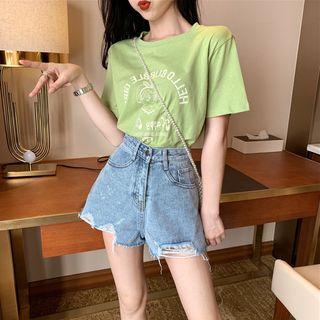 Set: Lettering Short-sleeve T-shirt + Distressed Denim Hot Pants