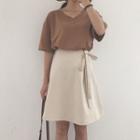 V-neck Elbow-sleeve Top / Ribbon Mini A-line Skirt