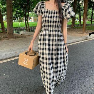 Square-neck Plaid Short-sleeve Dress / Plaid Short-sleeve Top