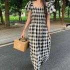Square-neck Plaid Short-sleeve Dress / Plaid Short-sleeve Top