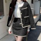 Tweed Set: Contrast-trim Jacket + Miniskirt Black - One Size