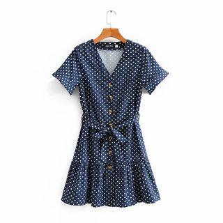 V-neck Dotted Tie-waist Mini A-line Dress