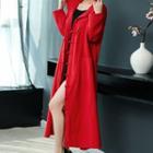 Hooded Frog Buttoned Long Jacket Red - One Size