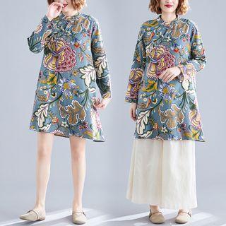 Long-sleeve Floral Mini Shirt Dress