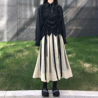 Plain Long-sleeve Shirt / Color-panel Semi Skirt