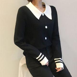 Long-sleeve Contrast-trim Buttoned Knit Top