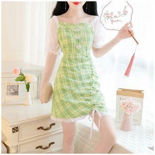 Puff-sleeve Check Panel A-line Dress
