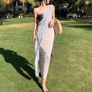 Sleeveless One-shoulder Color Block Midi Sheath Dress