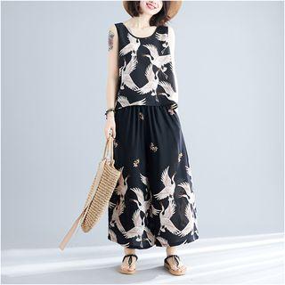 Set: Crane Print Tank Top + Wide-leg Pants