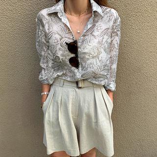 Botanical Print Tencel Shirt Khaki - One Size