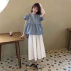 Short-sleeve Tie-back Blouse / A-line Midi Skirt
