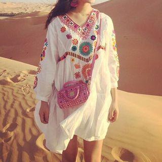 Embroidered Long-sleeve V-neck Dress