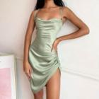 Spaghetti Strap Satin Ruched Lace-up Back Sheath Mini Dress