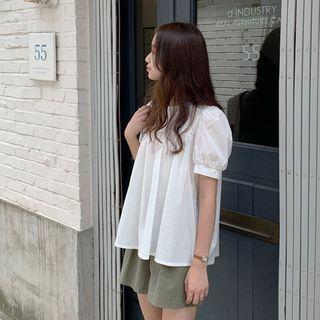Puff-sleeve Lace-yoke Shirred Blouse Ivory - One Size