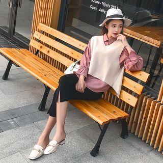 Set: Knit Vest + 3/4-sleeve Chiffon Blouse