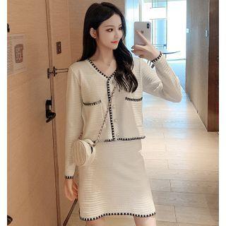 Set: Long-sleeve Contrast Trim Buttoned Knit Top + A-line Mini Skirt