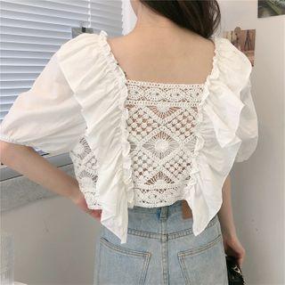 Ruffle-hem Crochet-lace Blouse White - One Size