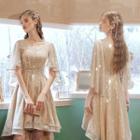 V-neck Sequined A-line Cocktail Dress