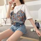 Sequined Short-sleeve Mock Two-piece T-shirt