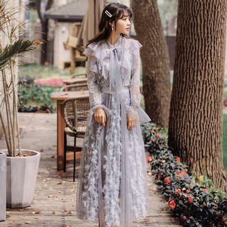 Fringed Bell-sleeve A-line Maxi Mesh Dress