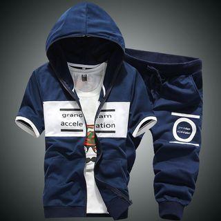Set: Hooded Short-sleeve Lettering Jacket + Cropped Sweatpants