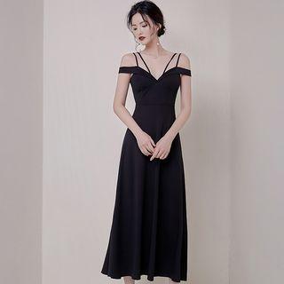 Plain Cold Shoulder Midi A-line Dress