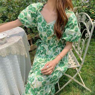 Short-sleeve V-neck Floral Tie-waist Midi Dress Green - One Size