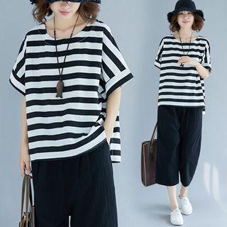 Striped Batwing-sleeve Round-neck Short-sleeve T Shirt