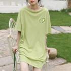 Elbow-sleeve Plain Crew-neck Print Loose-fit Mini Dress Green - One Size