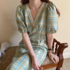 Plaid Lace Trim Puff-sleeve Maxi A-line Dress