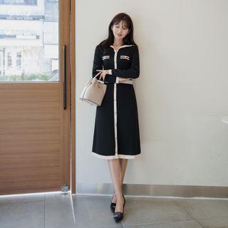 Contrast-trim Midi Knit Dress With Sash