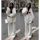 Heart Embroidered Hooded Sweater / Knit Wide Leg Pants
