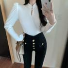 Long-sleeve Faux Pearl Chain Qipao Top / High Waist Leggings