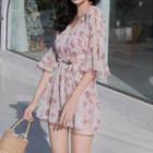 Swim Set: Elbow-sleeve Floral Print Cover-up + Bikini Top + Bottom
