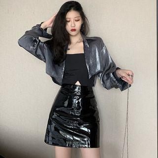 Cropped Long-sleeve Shirt + Camisole Top + Skirt Set