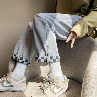 Checker Print Trim Straight Leg Jeans