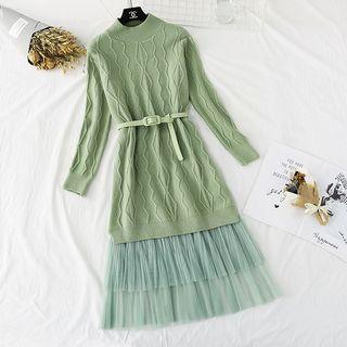 Set: Mock Neck Long Sweater + Mesh Midi Skirt