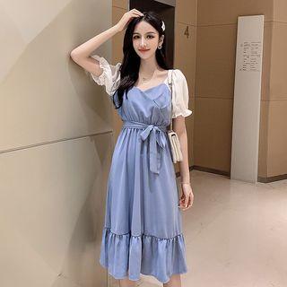 Two-tone Puff-sleeve Midi A-line Dress