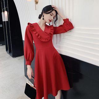 Plain Ruffle Trim Long-sleeve Midi A-line Dress