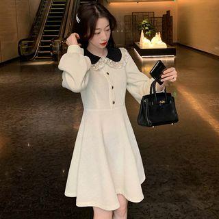Lace Trim Collar Long-sleeve A-line Mini Dress