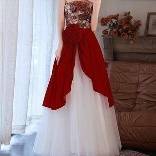 Strapless Floral Print Panel A-line Evening Gown