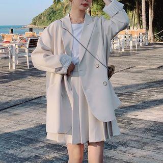 Set: Double Breasted Notch Lapel Plain Blazer + Pleated Mini Skirt