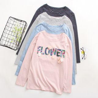 Flower Applique Lettering Striped Long Sleeve T-shirt