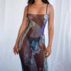 Printed Sleeveless See-through Sheath Midi Dress