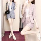 Set: Plaid Single-button Elbow-sleeve Blazer + Shorts