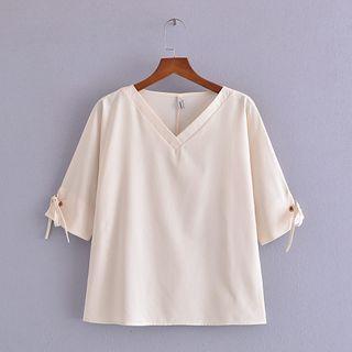 V-neck Bow Plain Blouse